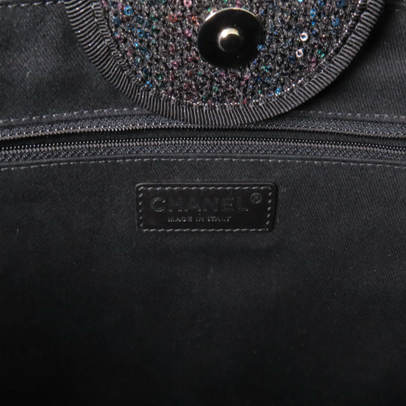 CHANEL 帆布/亮片Deauville Tote銀扣鏈帶手挽肩背兩用袋-5