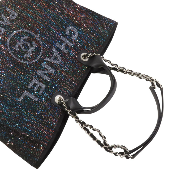 CHANEL 帆布/亮片Deauville Tote銀扣鏈帶手挽肩背兩用袋-7