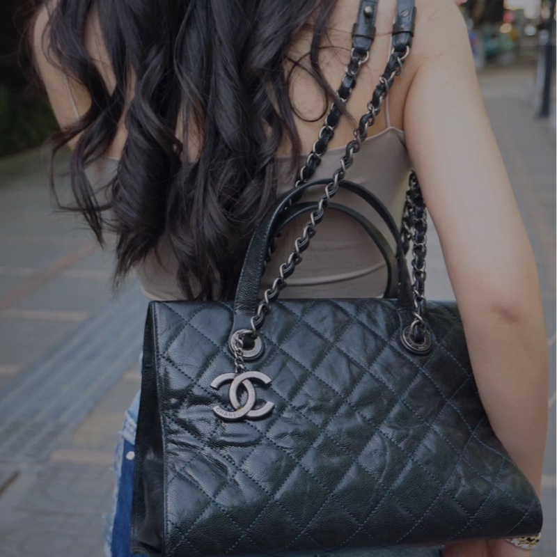 Chanel 黑綠色 荔枝紋牛皮 外縫線 購物袋-3