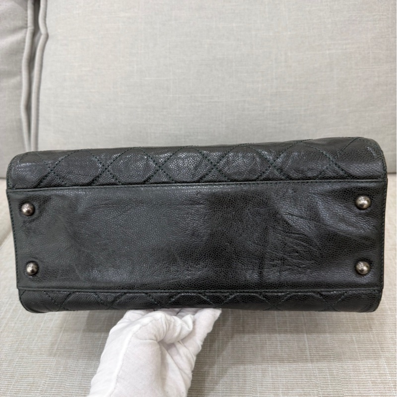 Chanel 黑綠色 荔枝紋牛皮 外縫線 購物袋-10