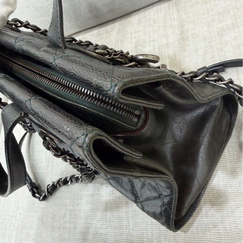 Chanel 黑綠色 荔枝紋牛皮 外縫線 購物袋-13