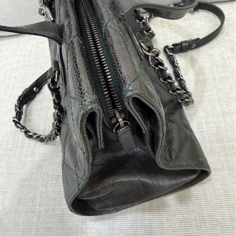 Chanel 黑綠色 荔枝紋牛皮 外縫線 購物袋-14