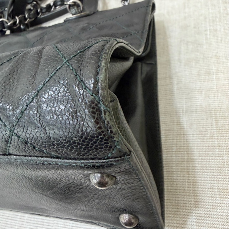 Chanel 黑綠色 荔枝紋牛皮 外縫線 購物袋-15