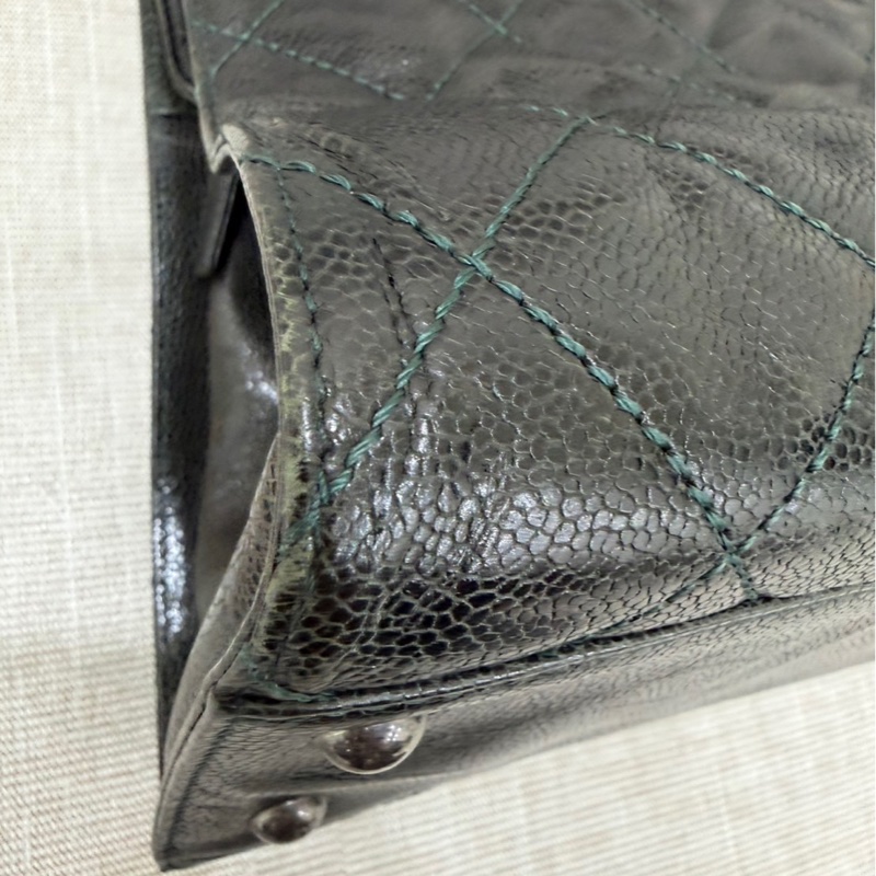 Chanel 黑綠色 荔枝紋牛皮 外縫線 購物袋-16