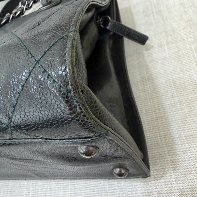 Chanel 黑綠色 荔枝紋牛皮 外縫線 購物袋-17