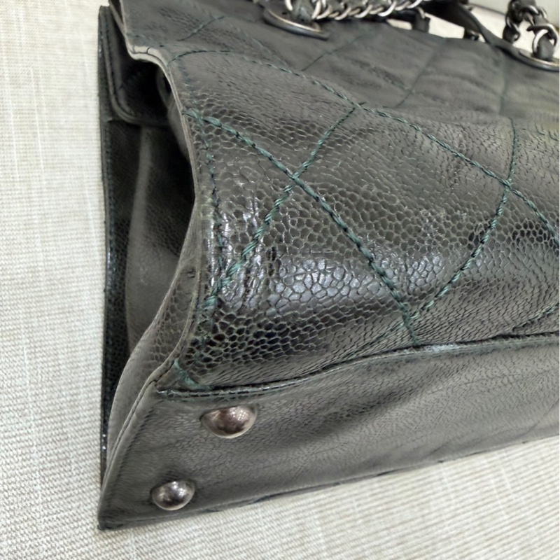 Chanel 黑綠色 荔枝紋牛皮 外縫線 購物袋-18