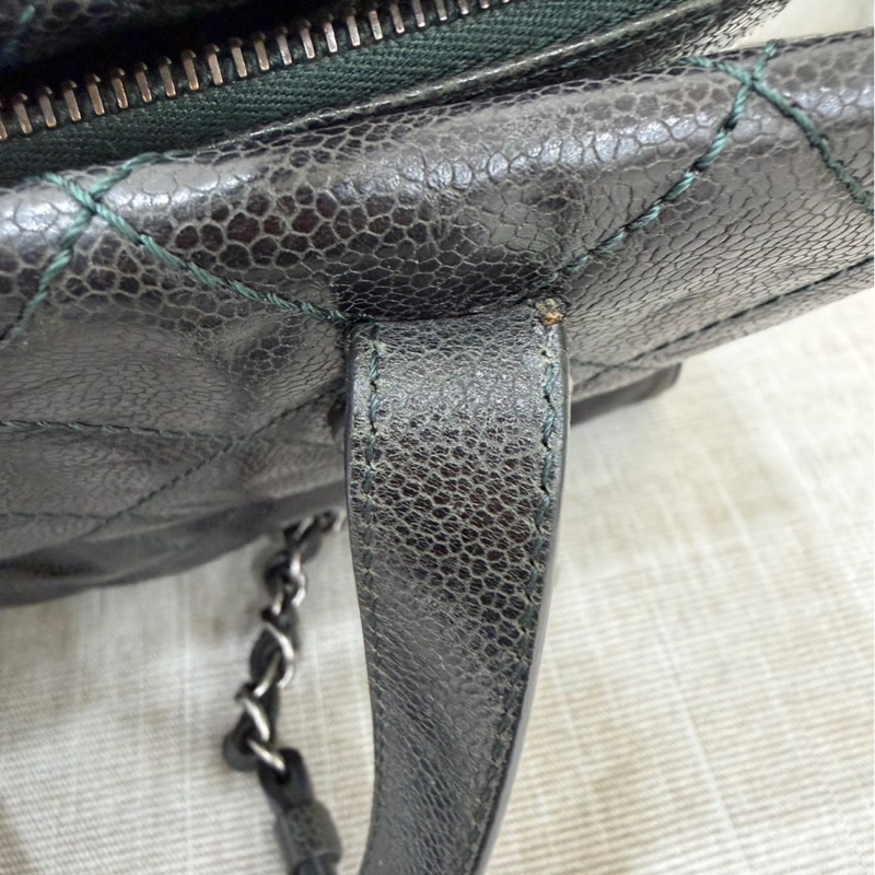 Chanel 黑綠色 荔枝紋牛皮 外縫線 購物袋-19