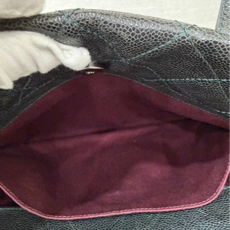 Chanel 黑綠色 荔枝紋牛皮 外縫線 購物袋-32