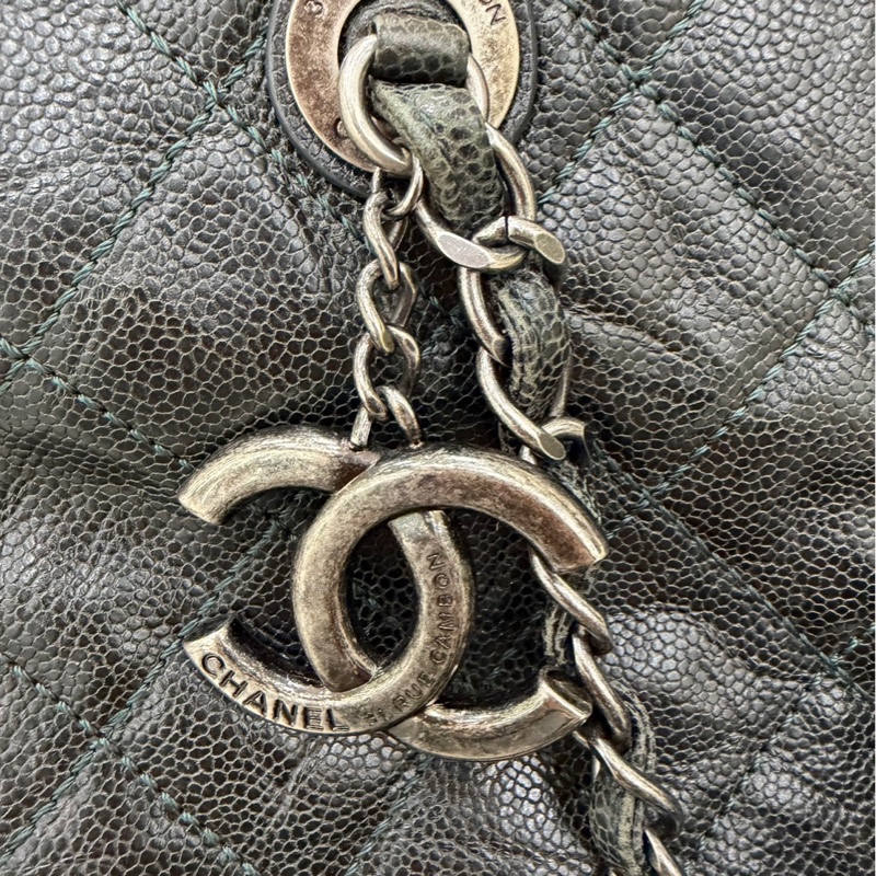 Chanel 黑綠色 荔枝紋牛皮 外縫線 購物袋-37