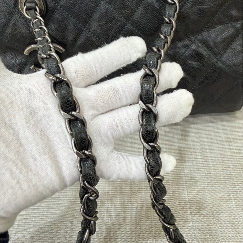 Chanel 黑綠色 荔枝紋牛皮 外縫線 購物袋-39