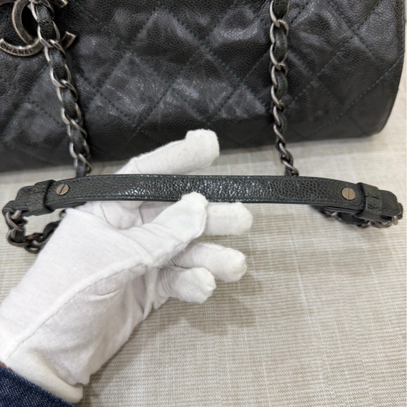 Chanel 黑綠色 荔枝紋牛皮 外縫線 購物袋-40