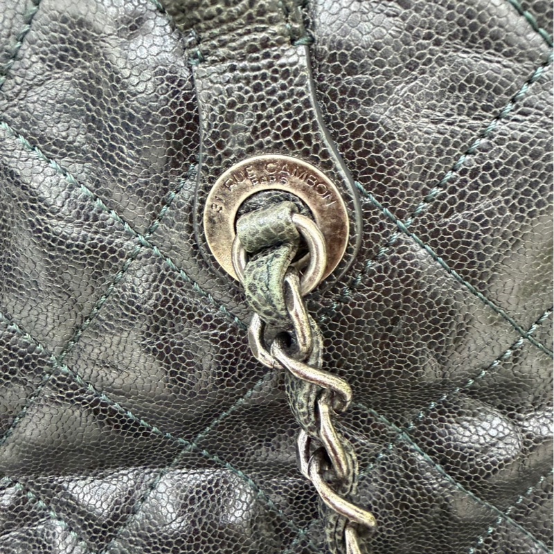 Chanel 黑綠色 荔枝紋牛皮 外縫線 購物袋-43