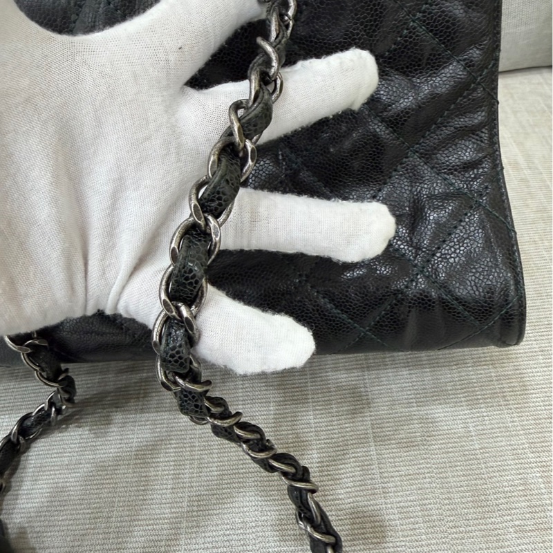 Chanel 黑綠色 荔枝紋牛皮 外縫線 購物袋-44