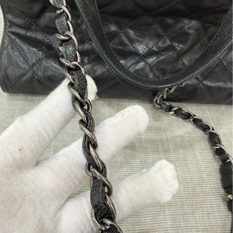 Chanel 黑綠色 荔枝紋牛皮 外縫線 購物袋-45