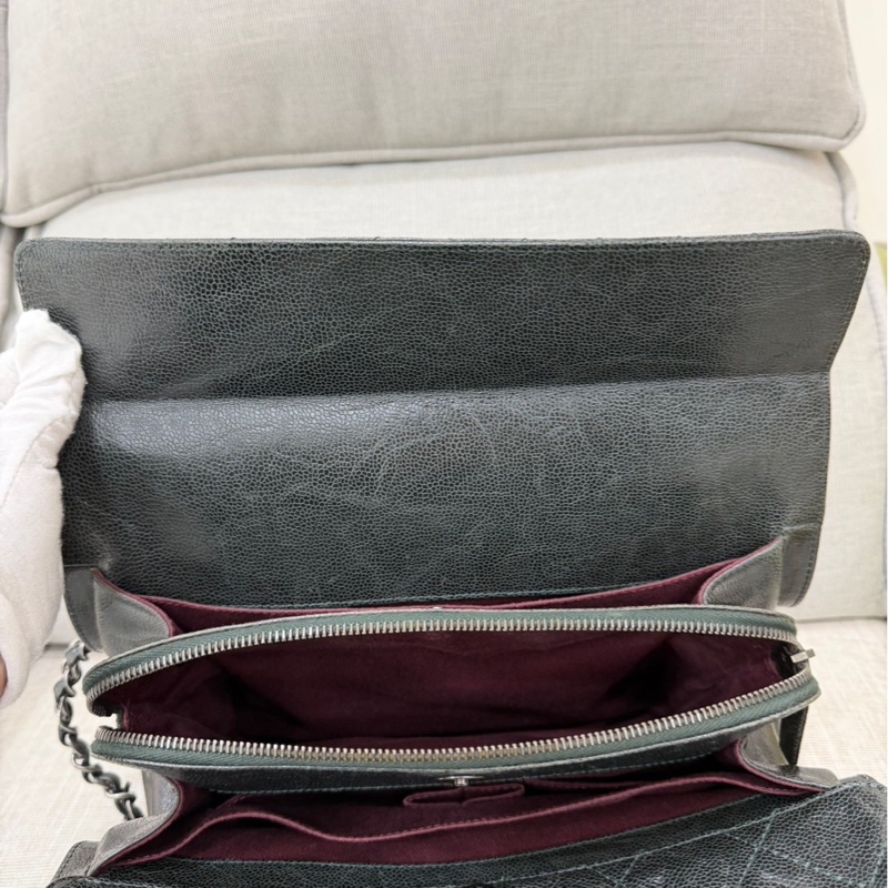 Chanel 黑綠色 荔枝紋牛皮 外縫線 購物袋-48