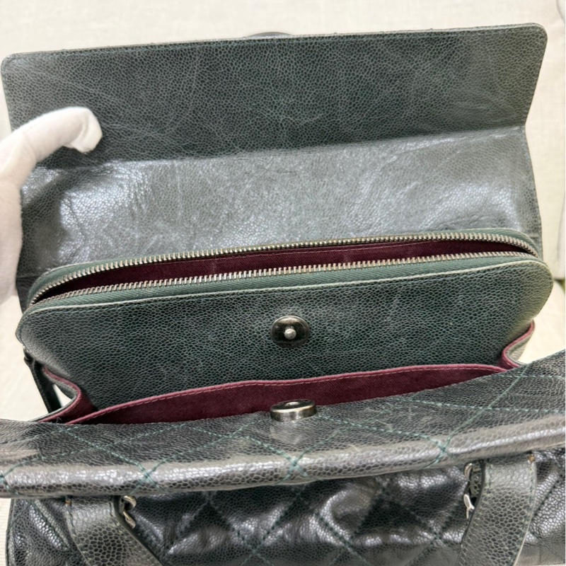 Chanel 黑綠色 荔枝紋牛皮 外縫線 購物袋-51