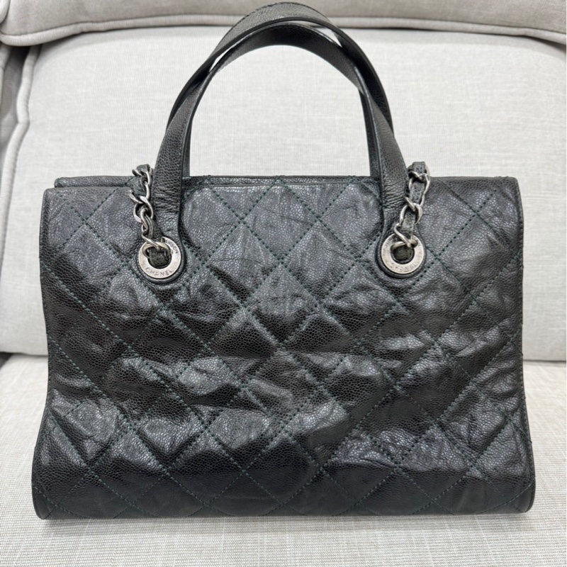 Chanel 黑綠色 荔枝紋牛皮 外縫線 購物袋-59