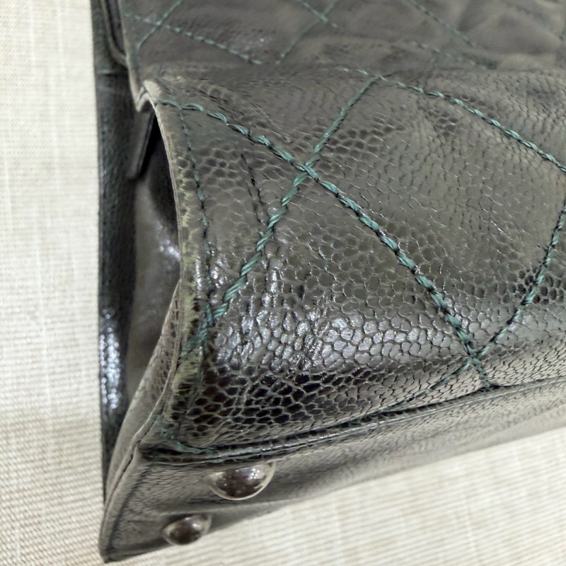 Chanel 黑綠色 荔枝紋牛皮 外縫線 購物袋-64