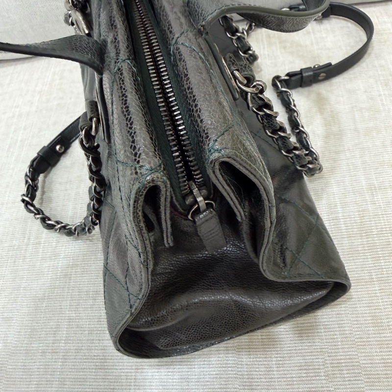 Chanel 黑綠色 荔枝紋牛皮 外縫線 購物袋-68