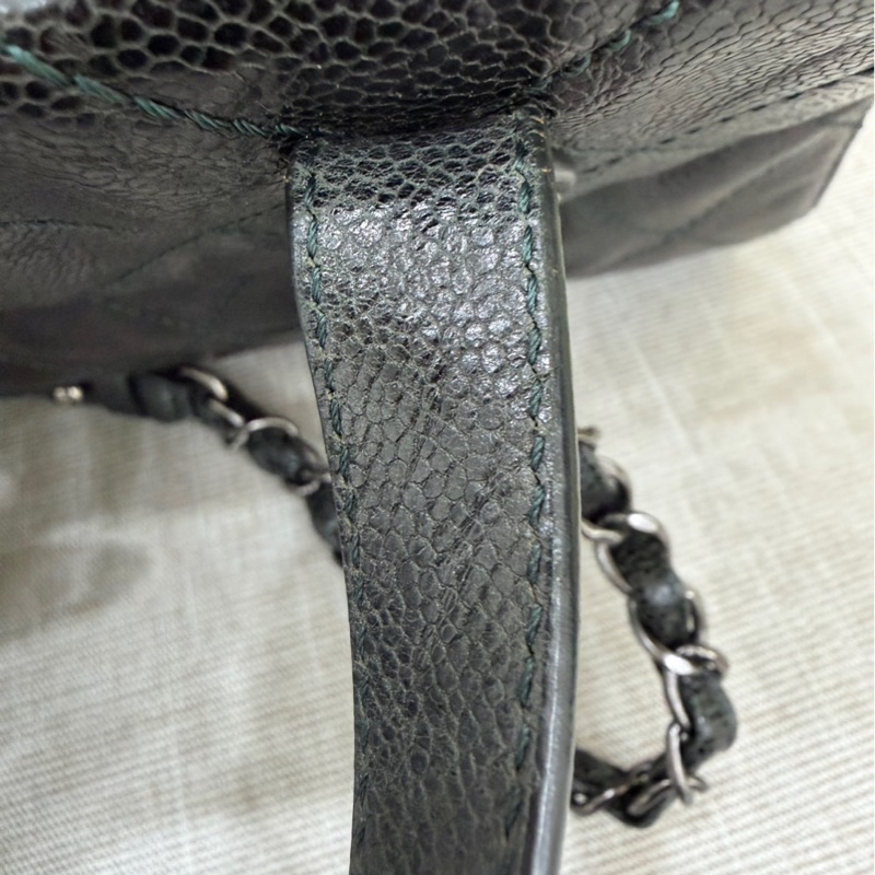 Chanel 黑綠色 荔枝紋牛皮 外縫線 購物袋-71