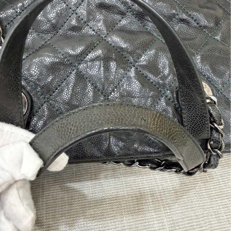 Chanel 黑綠色 荔枝紋牛皮 外縫線 購物袋-75
