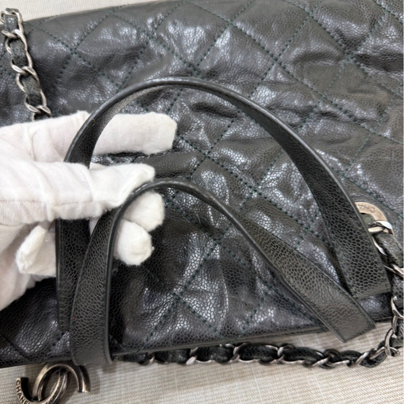 Chanel 黑綠色 荔枝紋牛皮 外縫線 購物袋-80