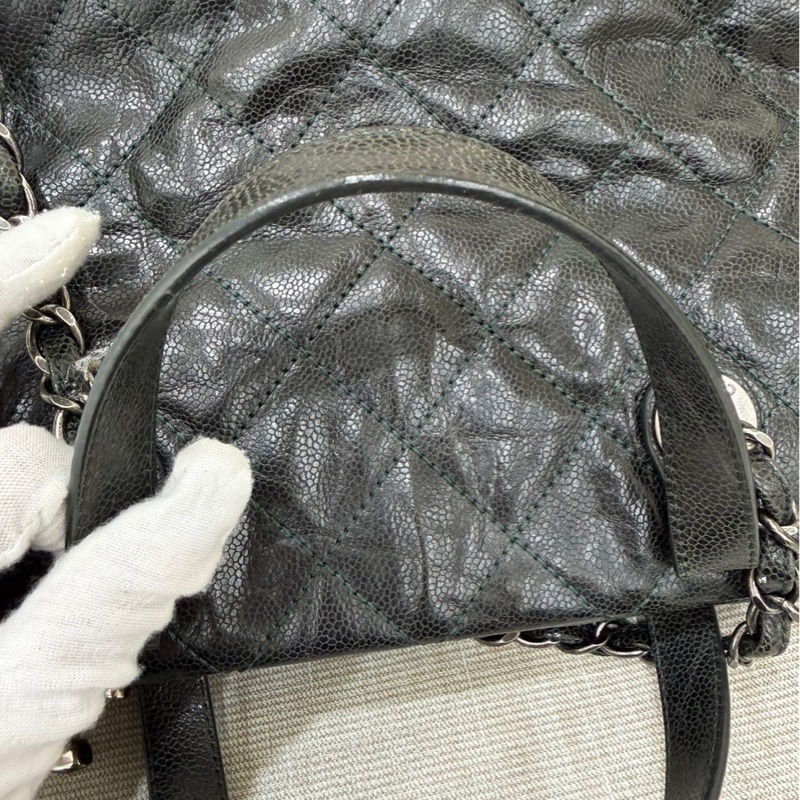 Chanel 黑綠色 荔枝紋牛皮 外縫線 購物袋-81