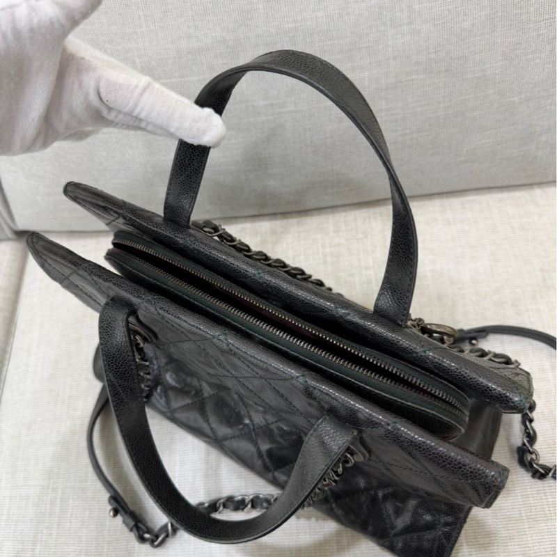 Chanel 黑綠色 荔枝紋牛皮 外縫線 購物袋-83