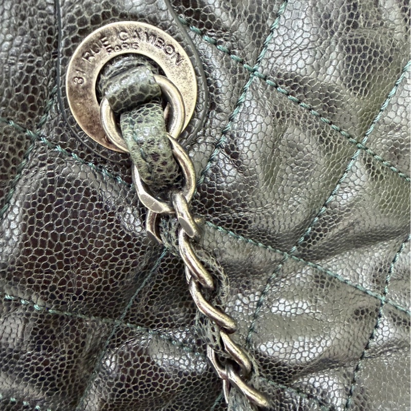 Chanel 黑綠色 荔枝紋牛皮 外縫線 購物袋-84