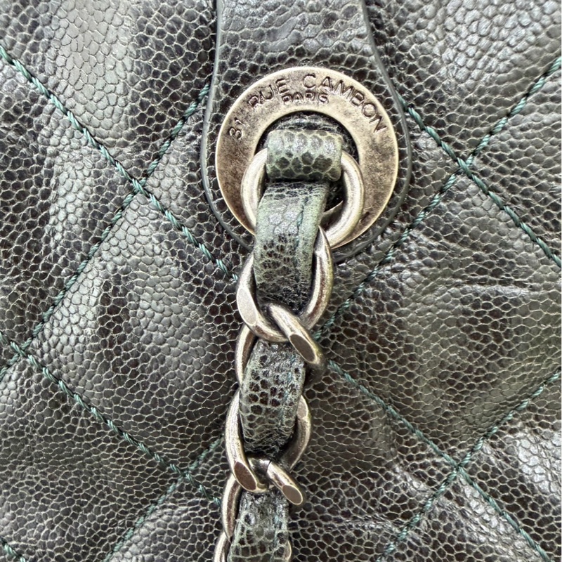 Chanel 黑綠色 荔枝紋牛皮 外縫線 購物袋-86