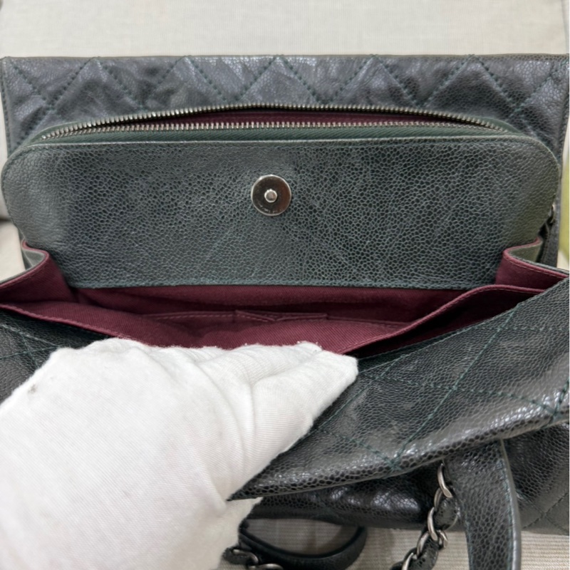 Chanel 黑綠色 荔枝紋牛皮 外縫線 購物袋-90