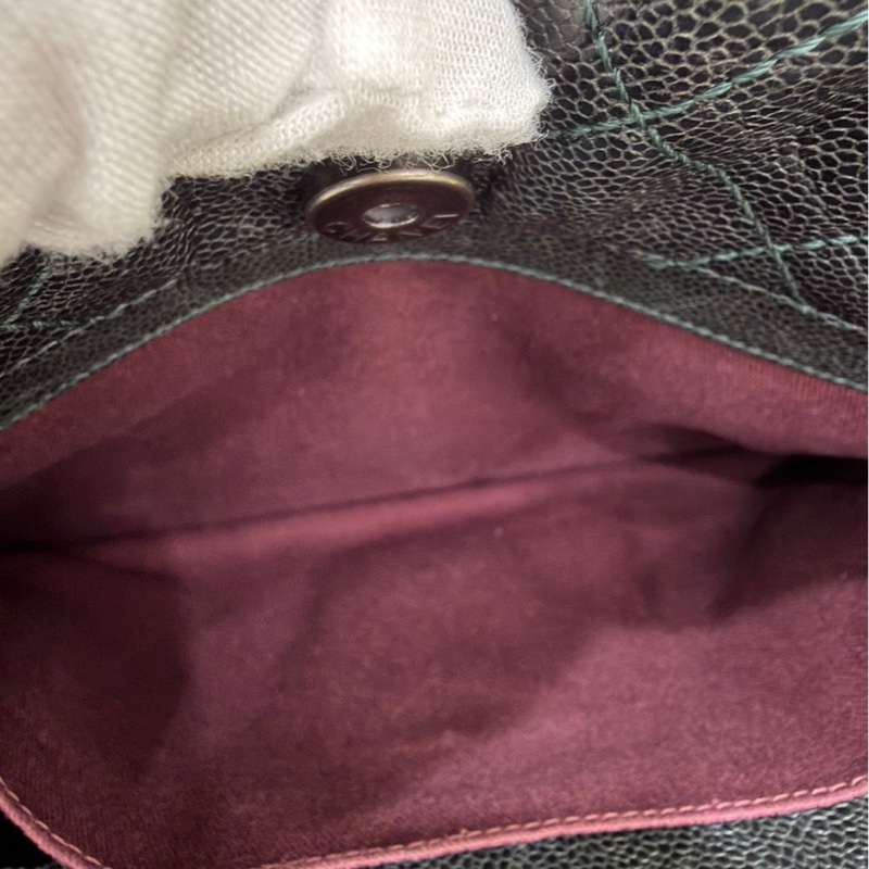 Chanel 黑綠色 荔枝紋牛皮 外縫線 購物袋-92