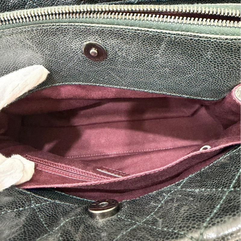 Chanel 黑綠色 荔枝紋牛皮 外縫線 購物袋-95