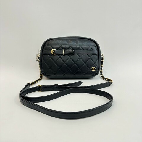 Chanel/香奈兒黑金牛皮相機包26開
