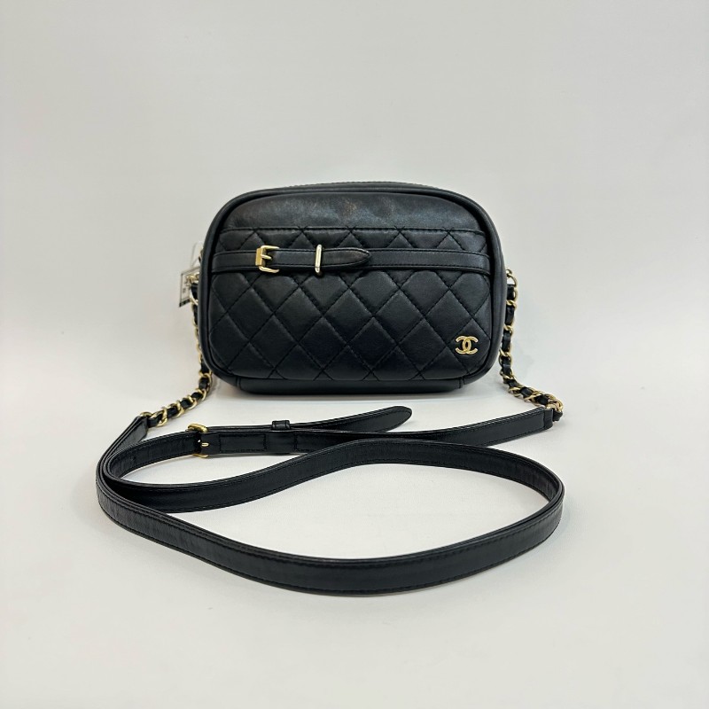 Chanel/香奈兒黑金牛皮相機包26開-0