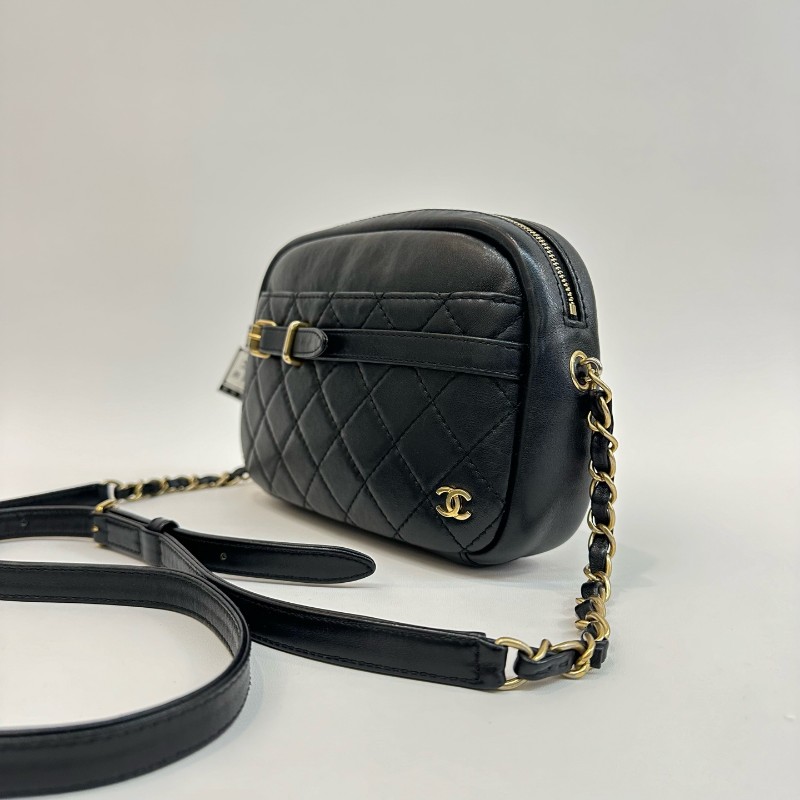 Chanel/香奈兒黑金牛皮相機包26開-2