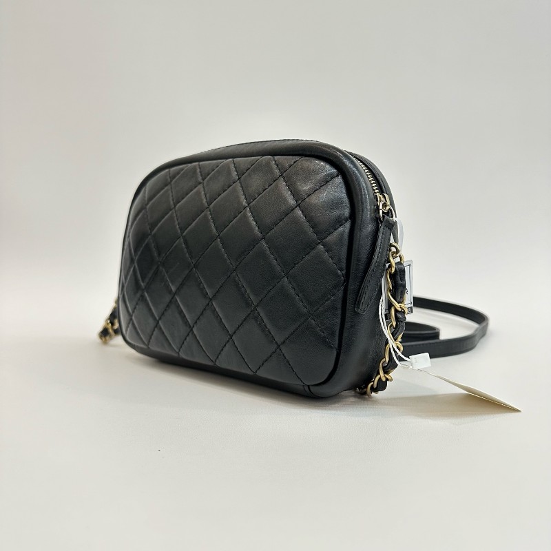 Chanel/香奈兒黑金牛皮相機包26開-3