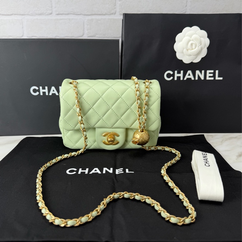 Chanel 香奈兒 菱格紋口蓋包 金球方胖子  蘋果綠金釦 斜背/單肩/ 手提-0