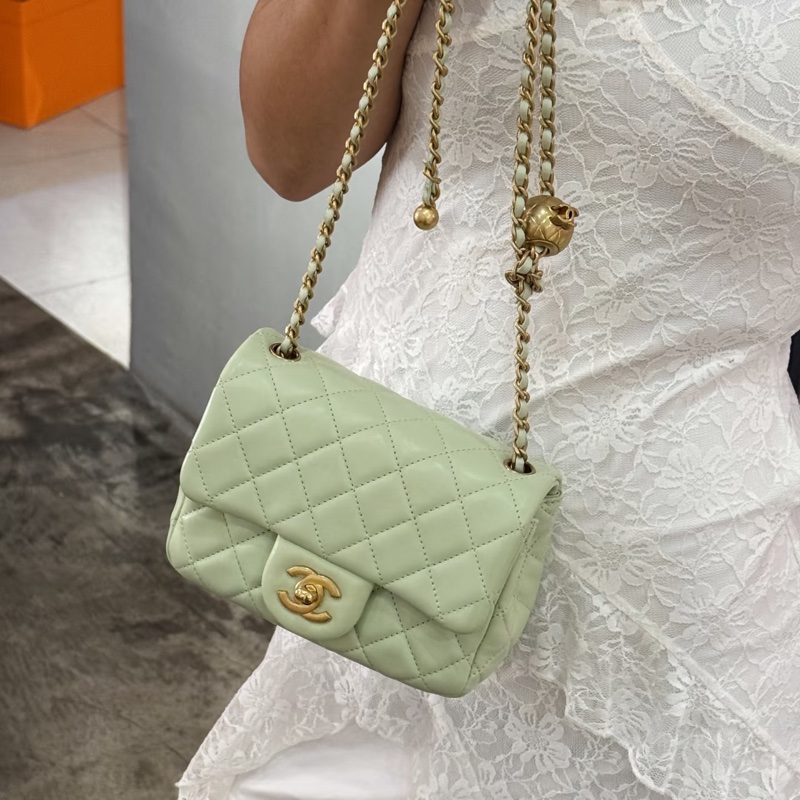 Chanel 香奈兒 菱格紋口蓋包 金球方胖子  蘋果綠金釦 斜背/單肩/ 手提-1