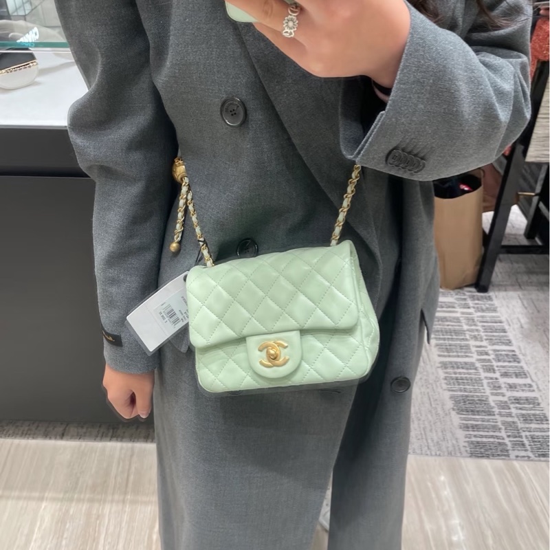 Chanel 香奈兒 菱格紋口蓋包 金球方胖子  蘋果綠金釦 斜背/單肩/ 手提-2