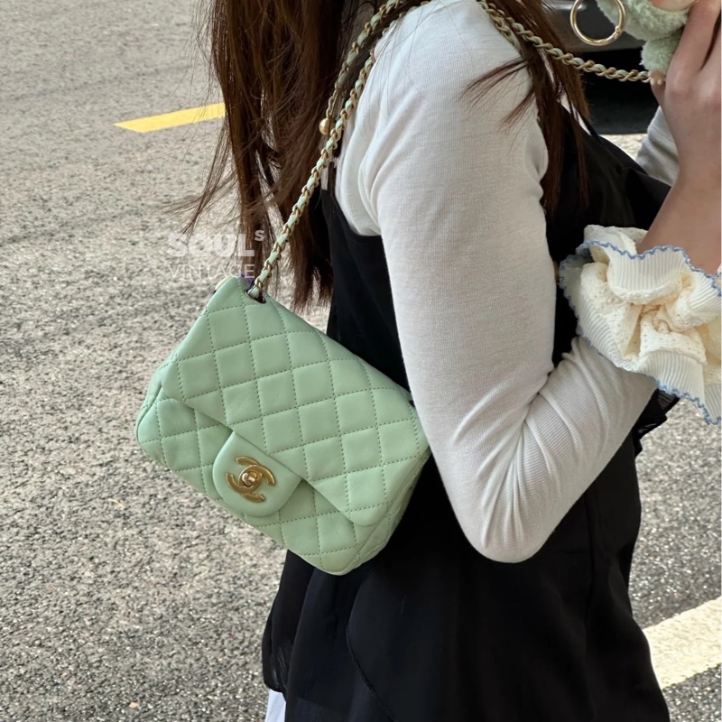 Chanel 香奈兒 菱格紋口蓋包 金球方胖子  蘋果綠金釦 斜背/單肩/ 手提-3