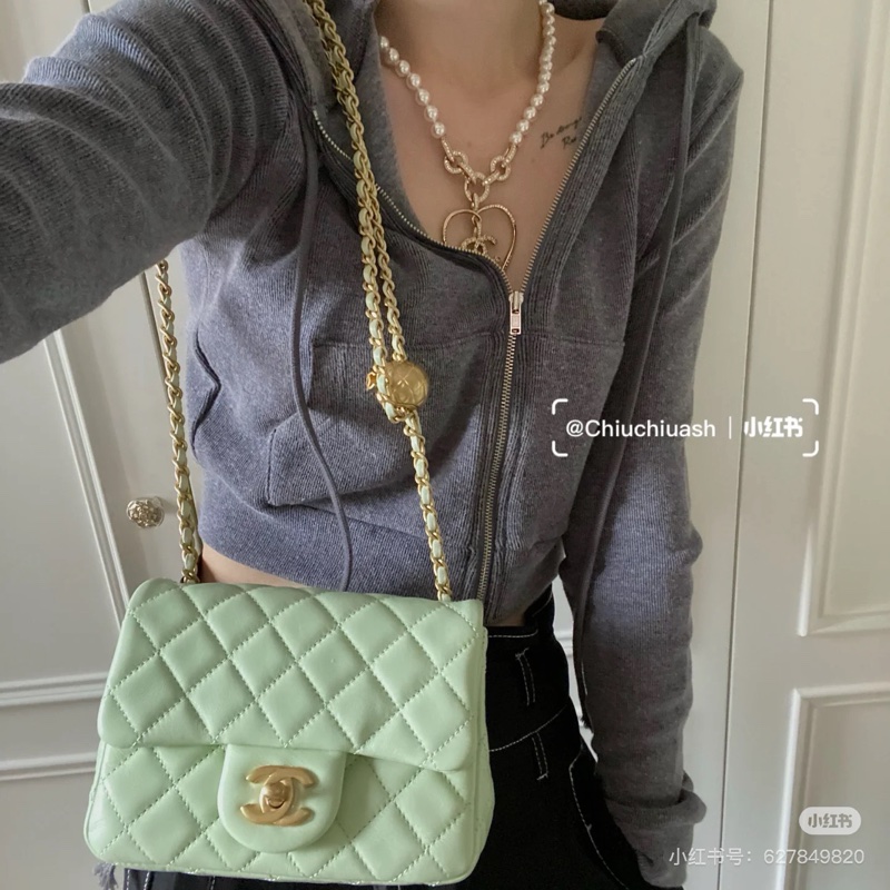 Chanel 香奈兒 菱格紋口蓋包 金球方胖子  蘋果綠金釦 斜背/單肩/ 手提-4