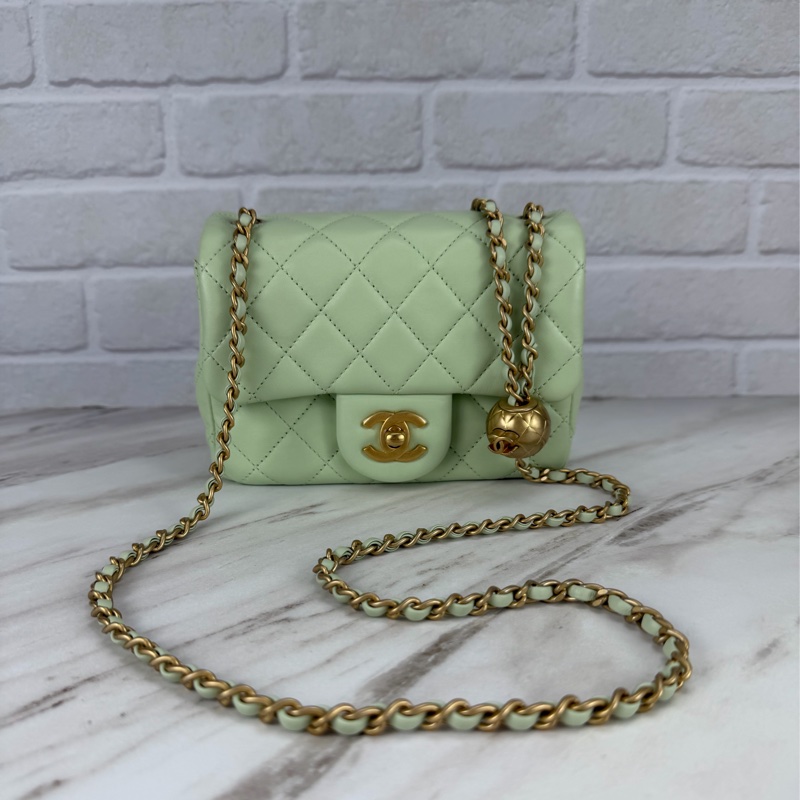 Chanel 香奈兒 菱格紋口蓋包 金球方胖子  蘋果綠金釦 斜背/單肩/ 手提-5