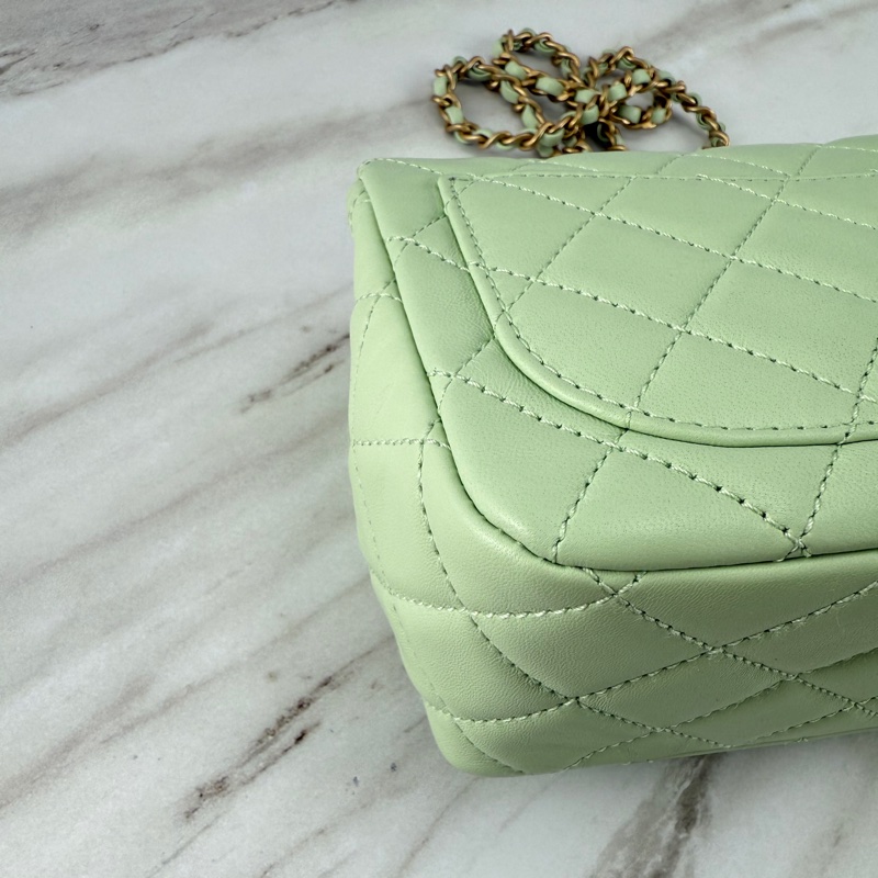 Chanel 香奈兒 菱格紋口蓋包 金球方胖子  蘋果綠金釦 斜背/單肩/ 手提-10