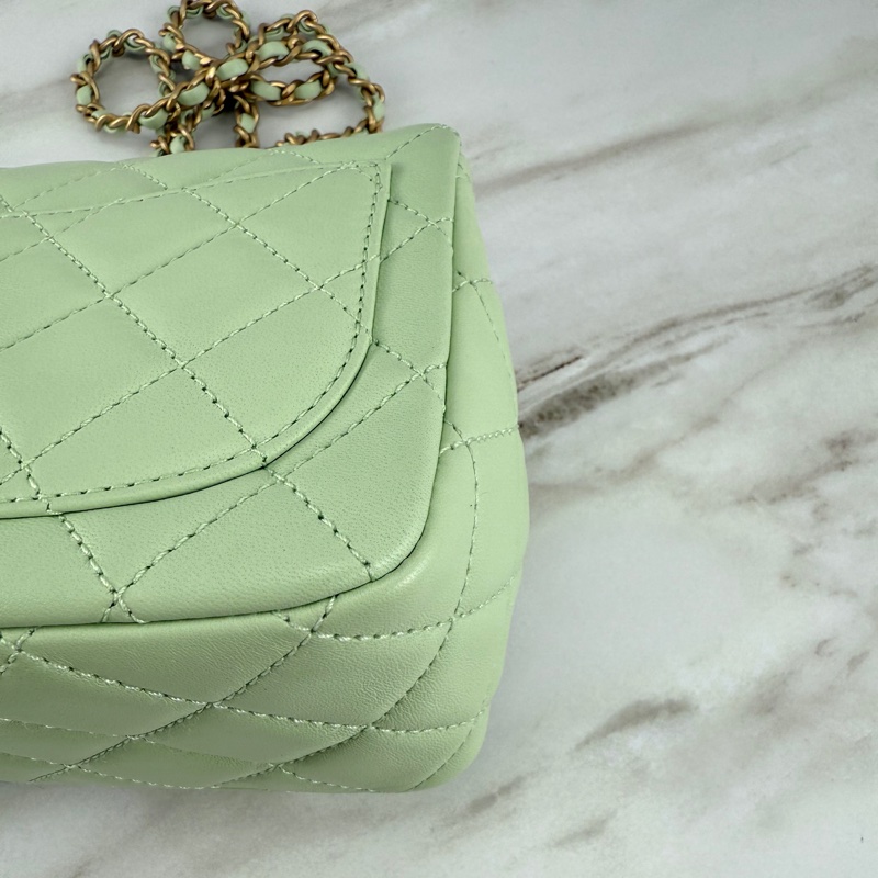 Chanel 香奈兒 菱格紋口蓋包 金球方胖子  蘋果綠金釦 斜背/單肩/ 手提-11