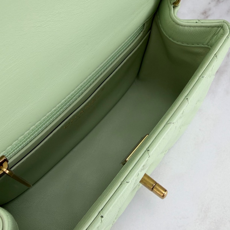 Chanel 香奈兒 菱格紋口蓋包 金球方胖子  蘋果綠金釦 斜背/單肩/ 手提-12