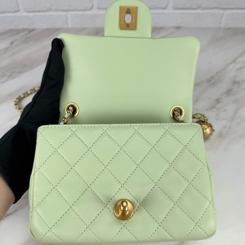Chanel 香奈兒 菱格紋口蓋包 金球方胖子  蘋果綠金釦 斜背/單肩/ 手提-13