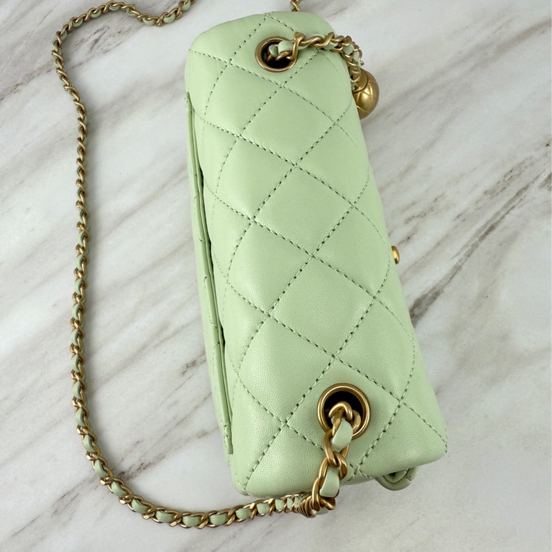 Chanel 香奈兒 菱格紋口蓋包 金球方胖子  蘋果綠金釦 斜背/單肩/ 手提-15