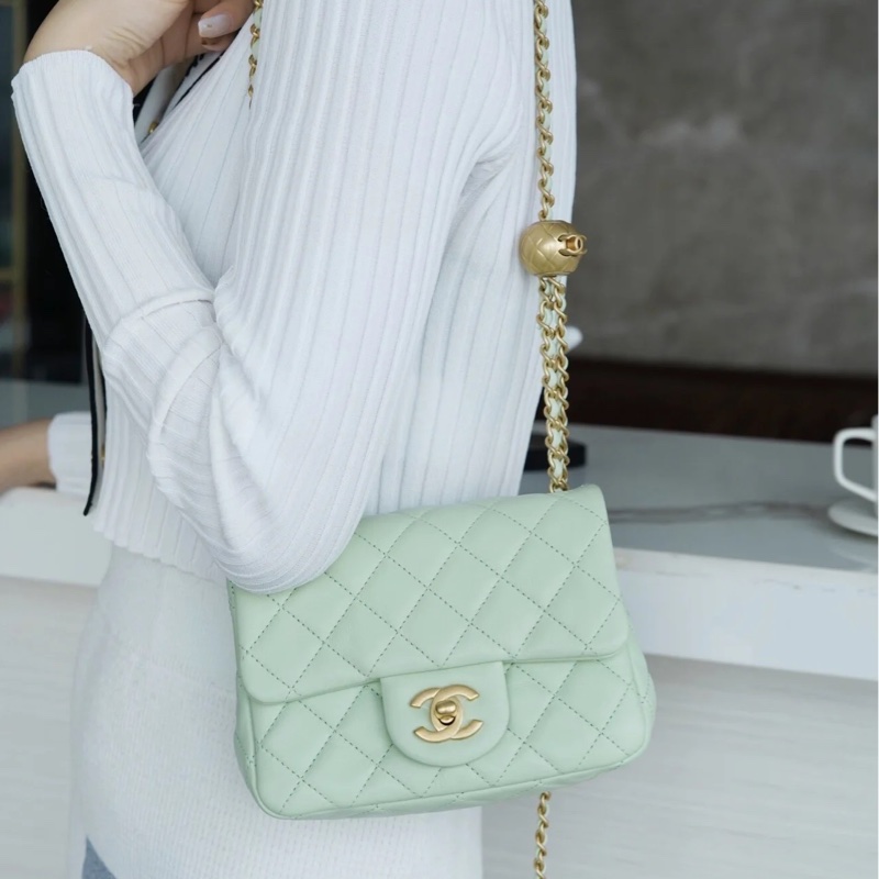 Chanel 香奈兒 菱格紋口蓋包 金球方胖子  蘋果綠金釦 斜背/單肩/ 手提-18