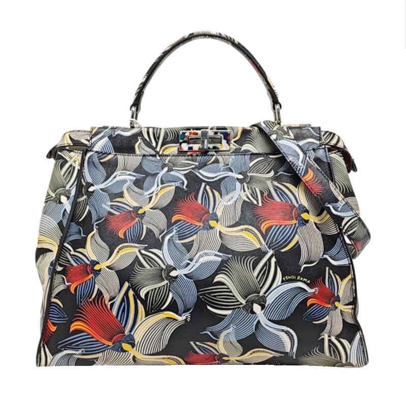 FENDI Peekaboo 大號 多色牛皮印花單肩包手提包 銀色五金 可拆卸肩帶-0